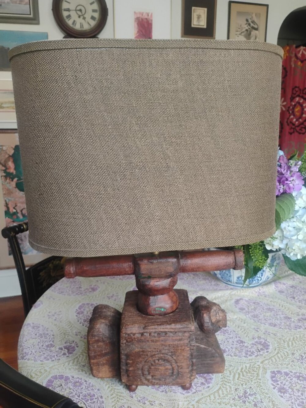 19th Century Indian Wooden Hand Noodle Press with Carved Ram Motif Lamp